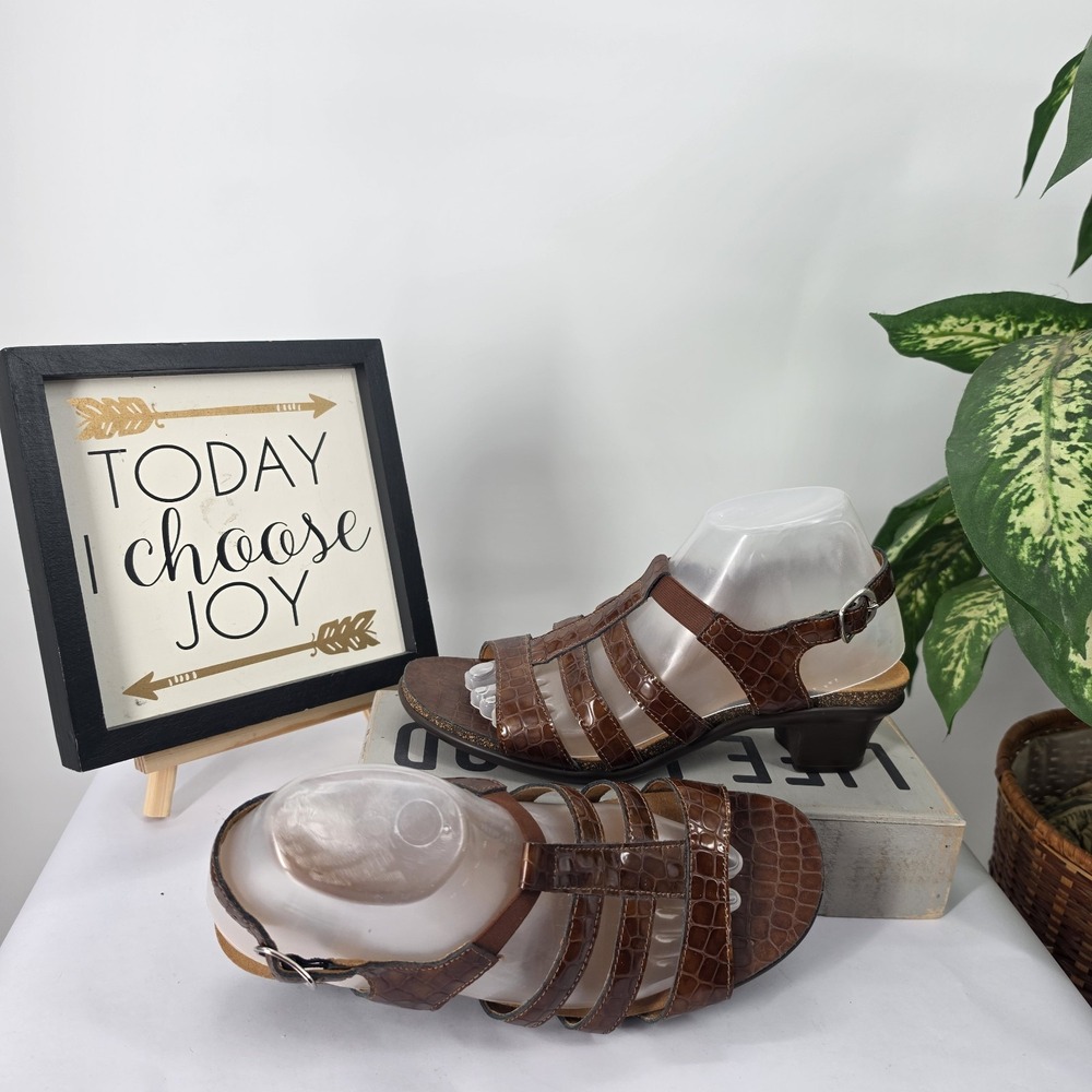 SAS Sandals Allegro Brown Cognac Heel Sandals Comfort Croc Embossed Leather 10 M